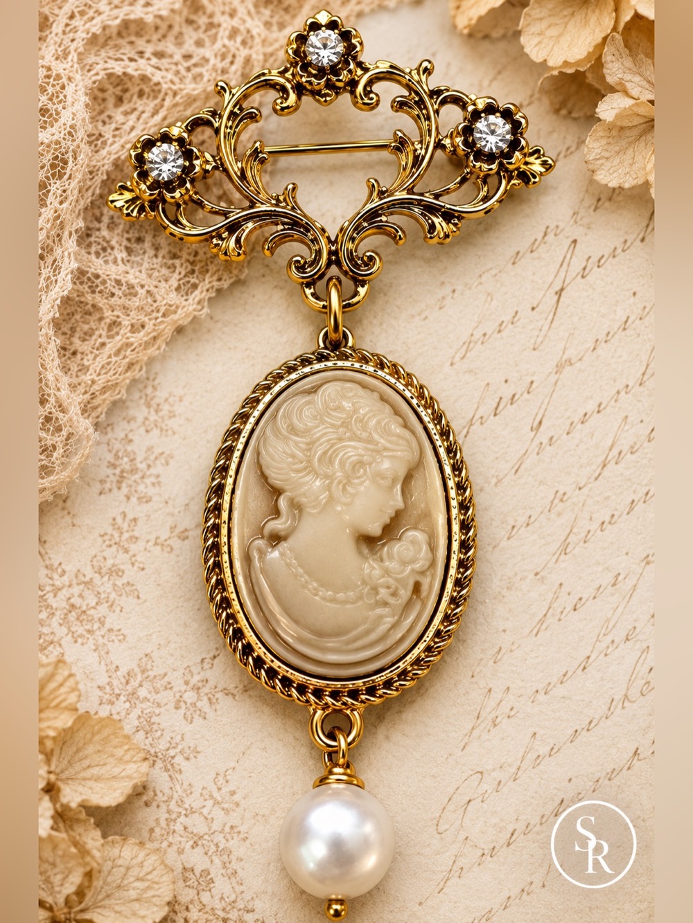 Cameo Brooch Right Facing Lady Pearl Drop Gold Tone Victorian Style NWT